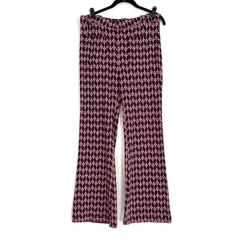 Free People High Rise Hip Hugging Jacquard Flares Navy Red Retro Pants Size 12